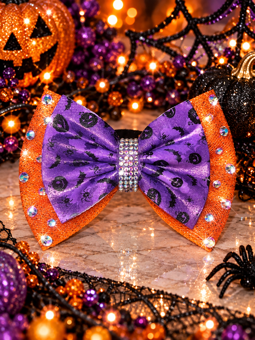 Purple and orange Halloween bow with rhinestones