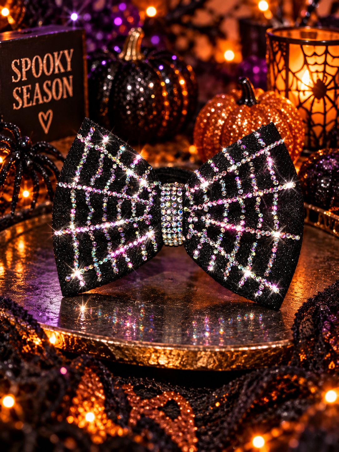 Black Halloween bow with sparkling spiderweb rhinestones