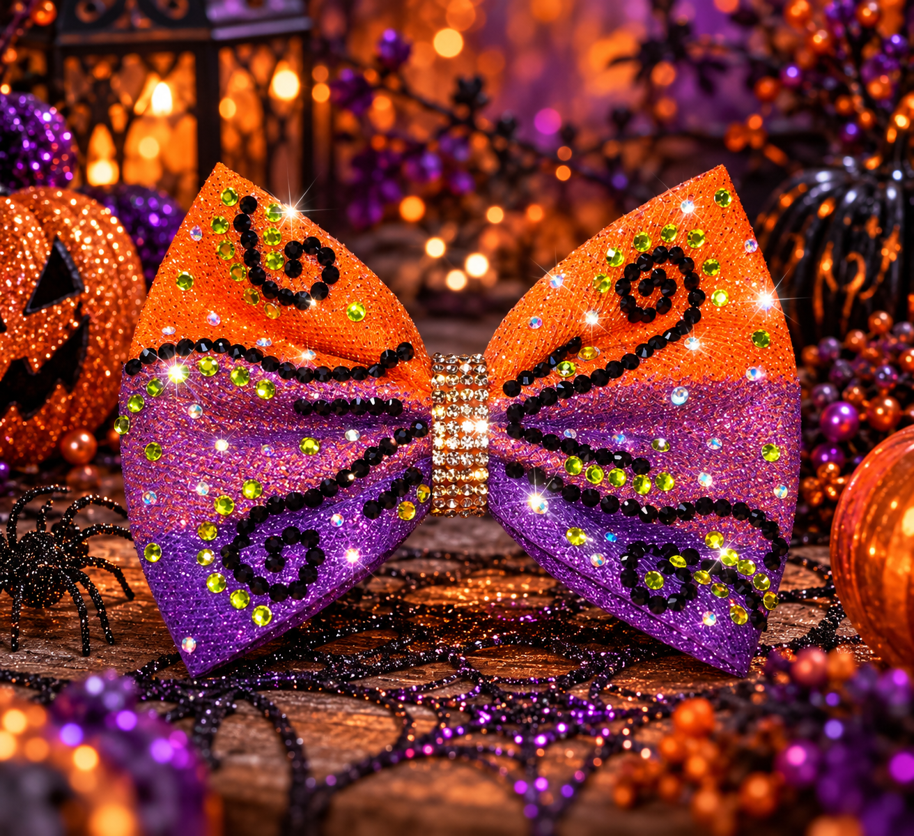 Orange and purple Halloween bow with black and green rhinestones