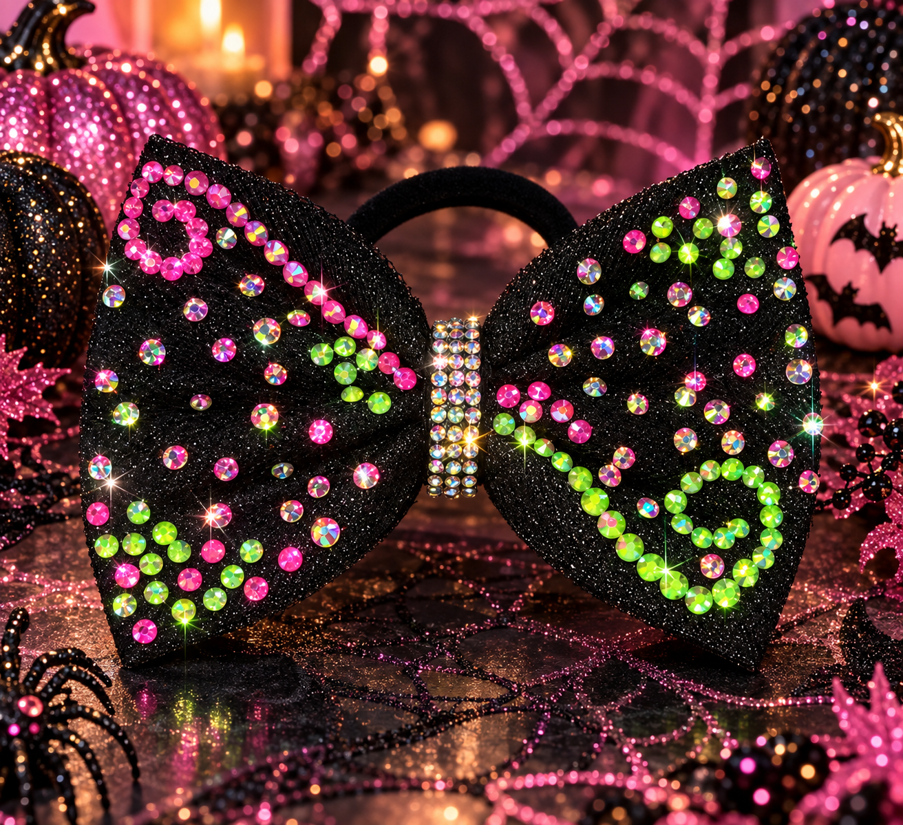 Black Halloween bow with pink and green rhinestone swirls
