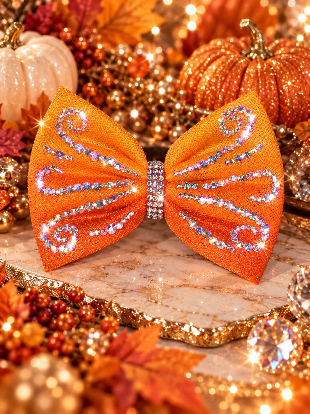Orange fall bow with sparkling rhinestone swirls