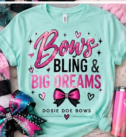 Bows Bling and Big Dreams teal T-shirt